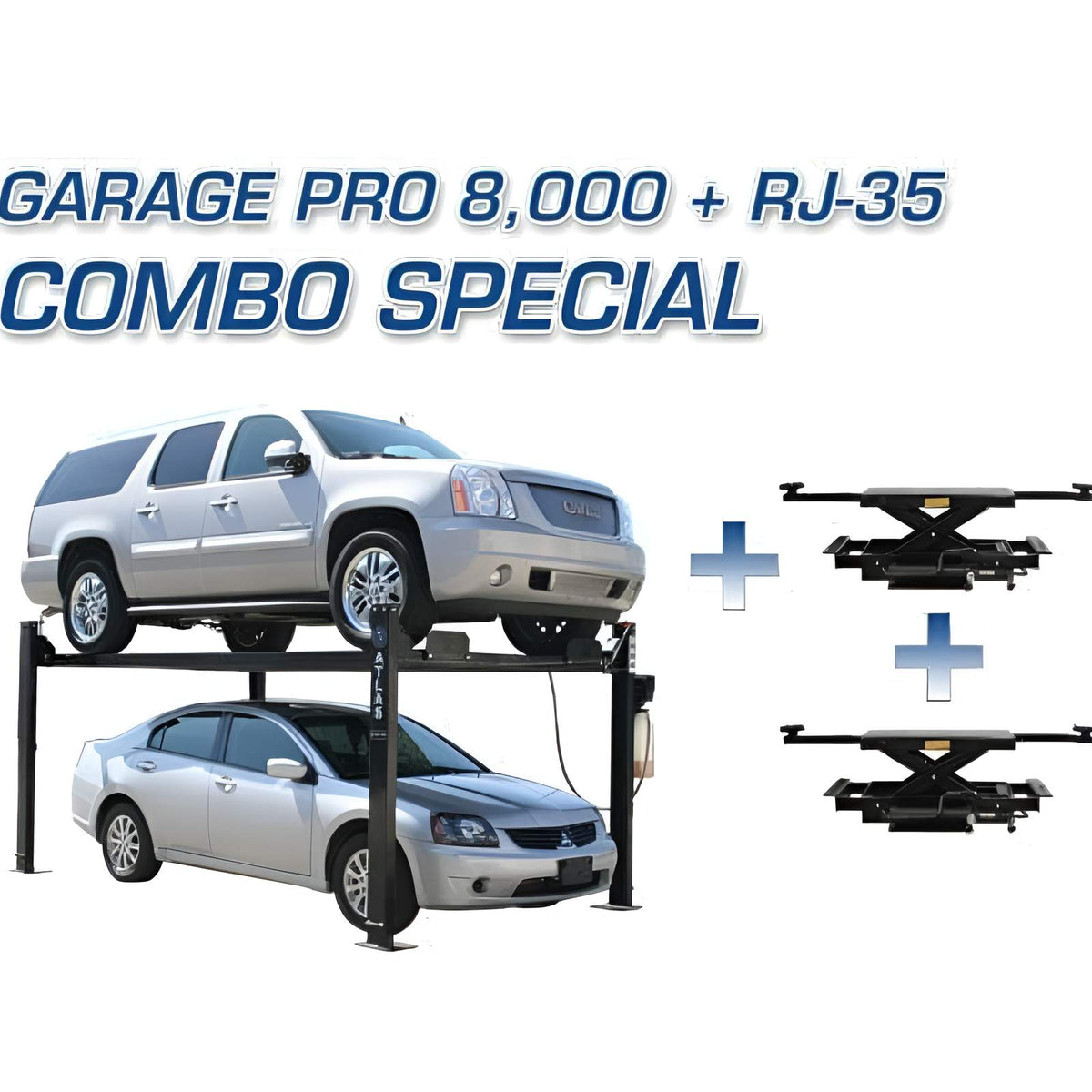 Atlas Garage PRO8000 4 Post Lift + (2) ProJack35 Sliding Jack Combo with Manual