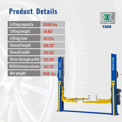 XK 1300 Two Post Auto Car Lift Heavy Duty 13,000lb Capacity Floor Plate 220V