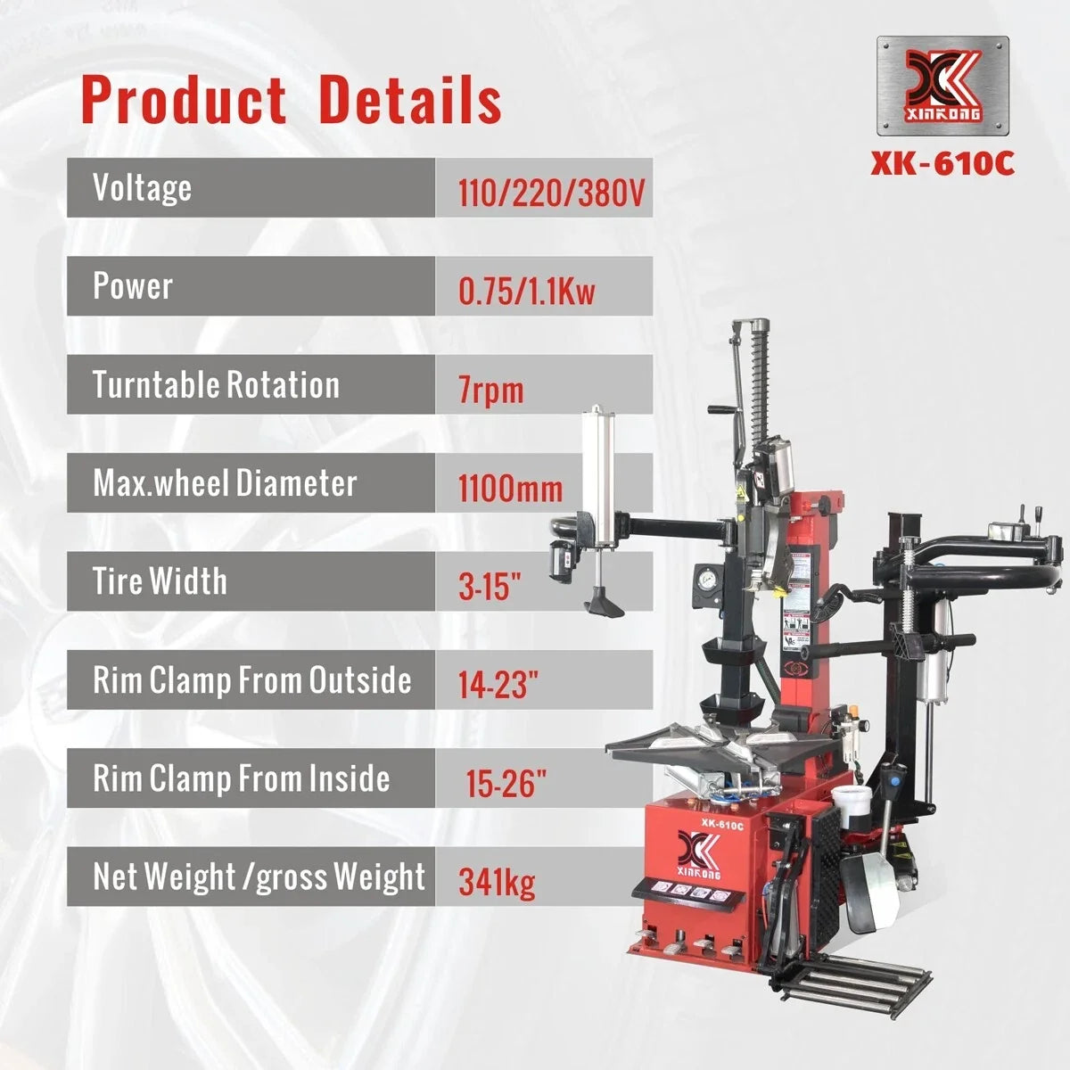 XK 610C Tire Changer Wheel Changer Single Machine Rim Clamp 14-26" Repair Tool