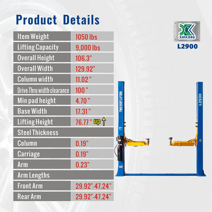 XK L2900 Two Post 9000LB Capacity Car Lift Auto Truck Hoist Industry Leading