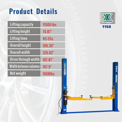 XK 1150 2 Post Lift 11500 LB 3 Stage Front Arms Car Lift Truck Auto Hoist 220V